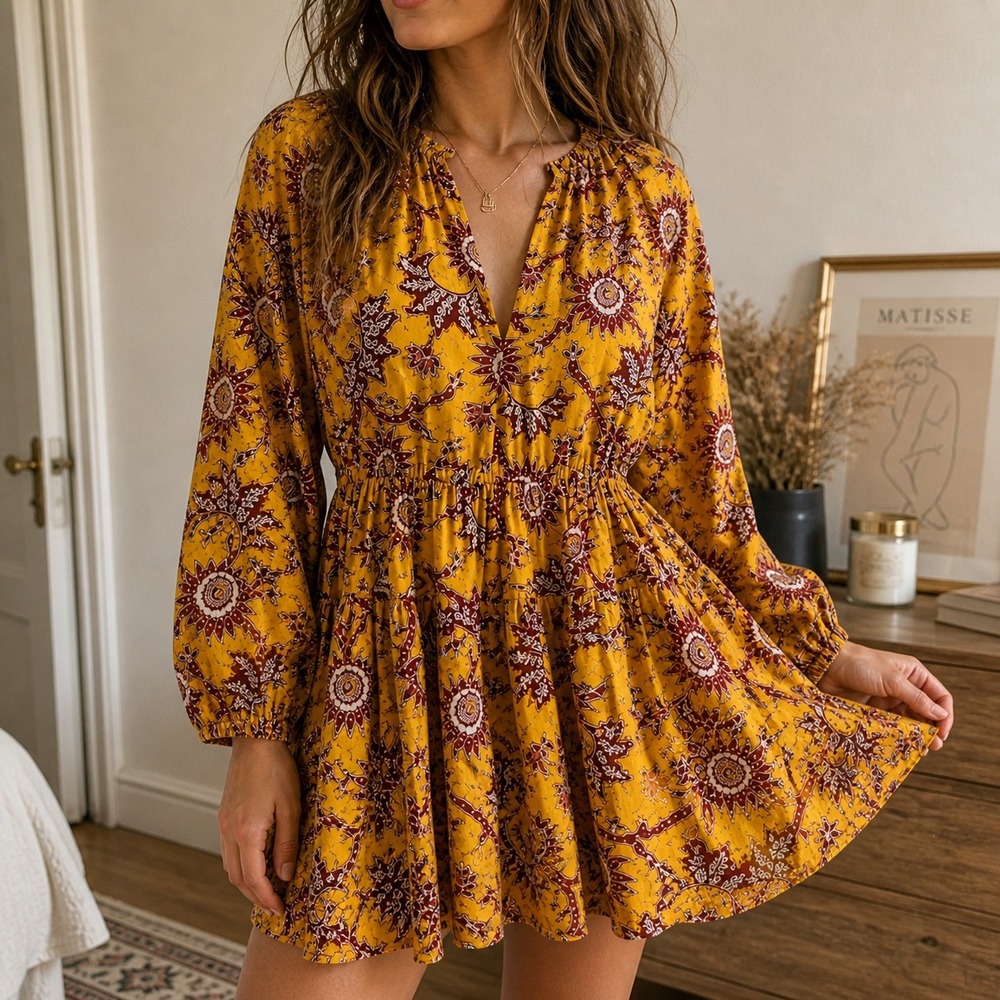 A.L.C. Yellow Floral Mini Dress Puff Sleeve Boho Resort Size 2 Small